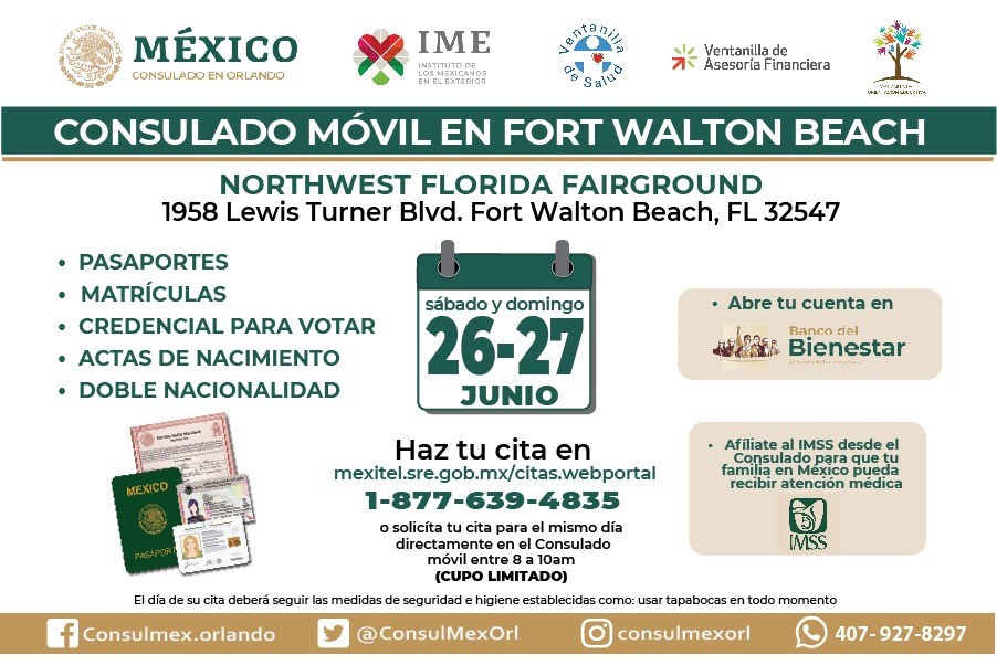 Consulado Móvil en Fort Walton Beach, Junio 26 y 27, 2021 desde las 9 am a las 3 pm